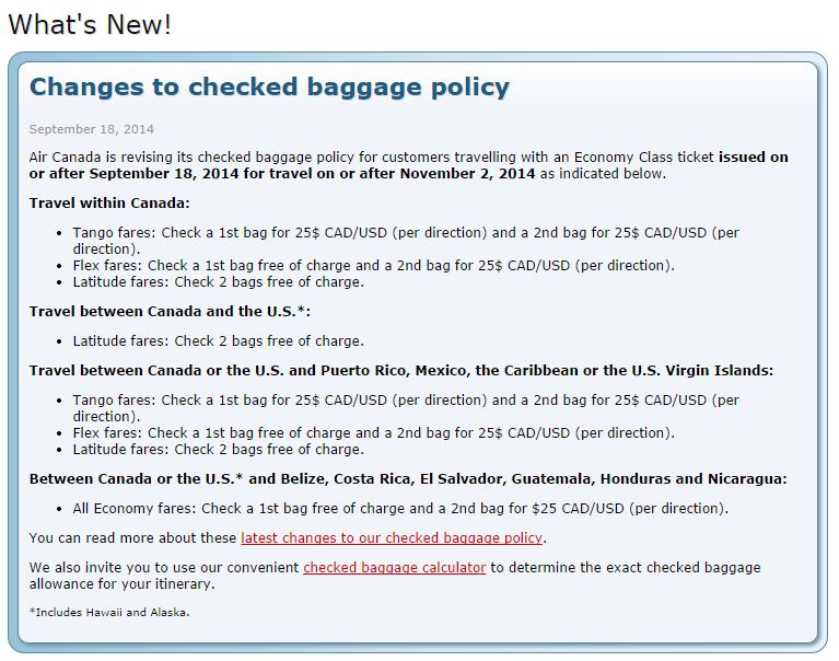 TravelBloggers.ca, Air Canada Baggage prices